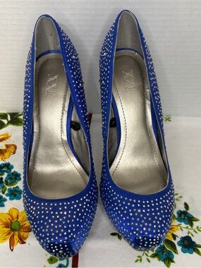 Forever 21 Cobalt Blue Crystal-Studded Pointed-Toe Pumps Party Bridal stilettos
